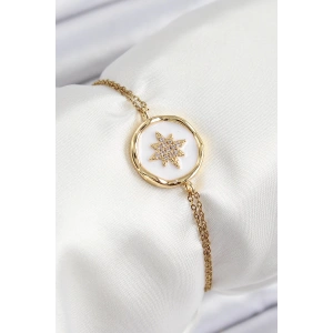 316L Çelik Zincir Beyaz Mineli Sanatsal Portre Kuzey Yıldızı Model Gold Renk Kadın Bileklik