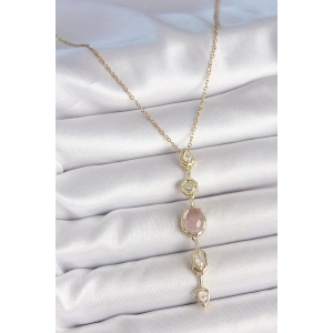 316L Çelik Zincir Gold Renk Pembe Zirkon Taşlı Y Kolye
