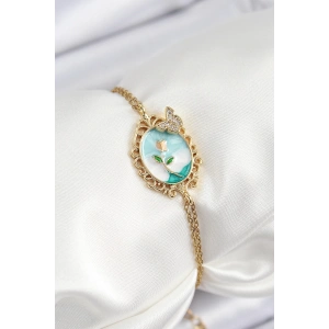 316L Çelik Zincir Mineli Sanatsal Portre Zirkon Taşlı Kelebek Detaylı Çiçek Model Gold Renk Kadın Bileklik