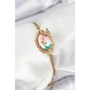 316L Çelik Zincir Mineli Sanatsal Portre Zirkon Taşlı Kelebek Detaylı Çiçek Model Gold Renk Kadın Bileklik