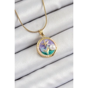 316L Çelik Zincir Mor Mineli Sanatsal Portre İnci Detaylı Deniz Yılıdızı Model Gold Renk Kadın Kolye