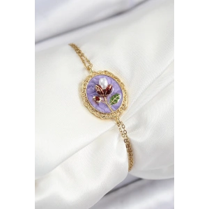 316L Çelik Zincir Mor Mineli Sanatsal Portre İnci Detaylı Lale Model Gold Renk Kadın Bileklik