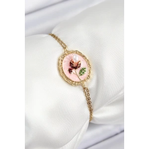 316L Çelik Zincir Pembe Mineli Sanatsal Portre İnci Detaylı Lale Model Gold Renk Kadın Bileklik