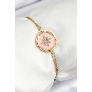 316L Çelik Zincir Pembe Mineli Sanatsal Portre Kuzey Yıldızı Model Gold Renk Kadın Bileklik