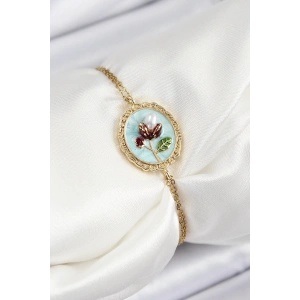 316L Çelik Zincir Turkuaz Mineli Sanatsal Portre İnci Detaylı Lale Model Gold Renk Kadın Bileklik