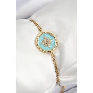 316L Çelik Zincir Turkuaz Mineli Sanatsal Portre Kuzey Yıldızı Model Gold Renk Kadın Bileklik