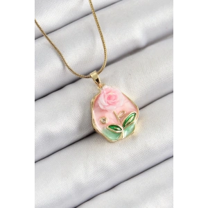 316L Çelik Zincir Zirkon Taşlı Pembe Sanatsal Portre Gül Figürlü Beşgen Model Gold Renk Kadın Kolye
