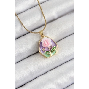 316L Çelik Zincir Zirkon Taşlı Pembe Ve Mor Sanatsal Portre Gül Figürlü Beşgen Model Gold Renk Kadın Kolye