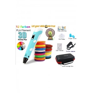 3d Pen Üç Boyutlu Yazıcı Kalem Printer (12 Adet 3 Metre Filament -36 Metre Led Ekranlı Adatörlü