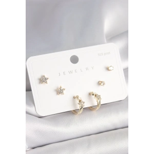 925 Ayar Çivi Pirinç Gold Renk Zirkon Taşlı Yıldız Model Kadın Küpe Seti