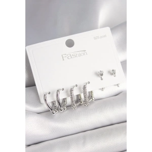 925 Ayar Gümüş Çivi Pirinç Gümüş Renk Zirkon Taşlı Tiffany Halka Model Kadın Küpe Seti