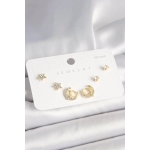 925 Ayar Gümüş Çivi Zirkon Taşlı Hilal Yıldız Model Kadın Küpe Seti