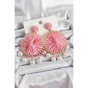 Açık Pembe Hasır Örgü Sarmal Model Sallantılı İnci Detaylı Gold Renk Kadın Küpe