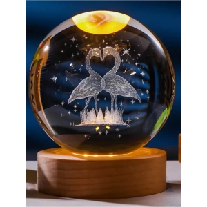 Dekoratif Flamingo Tasarımlı Ahşap Altlıklı Işıklı Cam Küre Cam:6cm Ahşap:2cm