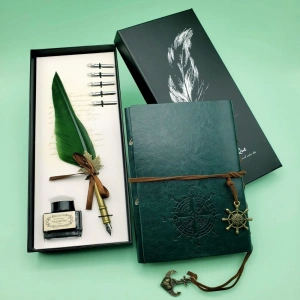 Deri Defter Ve Tüylü Mürekkepli Kalem Seti