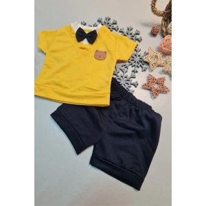 Erkek Bebek Papyonlu Kısa Kollu Yazlık Şık Alt Üst Takım Sarı