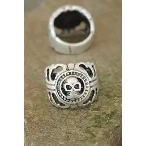Eskitme Gümüş Renk Metal Kuru Kafa Tasarım Ayarlamalı Erkek Yüzük