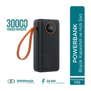 Force P32 30000mah 22.5w Hızlı Şarj Cihazı - Dahili Kablolu  - Fast Powerbank  - Dijital Ekran - Taşınabilir Şarj Cihazı
