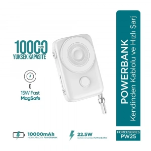 Force Pw25 10000mah 22.5w Kendinden Kablolu Magsafe Powerbank - Kablosuz Mini Şarj Cihazı - Dijital Ekran - Taşınabilir Şarj Cihazı