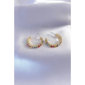 Gold Renk Yarım Halka Model Renkli Kristal Taşlı Kadın Küpe