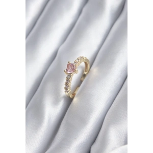 Gold Renk Zirkon Taşlı Pembe Kristal Kalp Model Kadın Yüzük