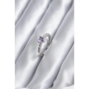 Gümüş Renk Zirkon Taşlı Mor Kristal Kalp Model Kadın Yüzük