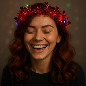 Kalp Püsküllü Gece Parıltısı 3 Modlu Led39li Işıklı Taç Kırmızı Renk