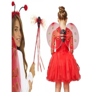 Kırmızı Renk Uğur Böceği Kanadı Eteği Tacı Ve Sopası 4 Lü Kostüm Seti