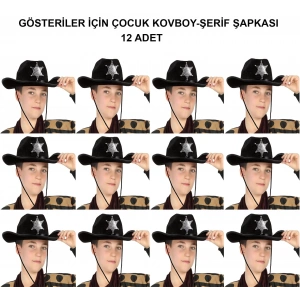 Kovboy Şerif Şapkası Siyah 12 Adet - Kostüm, Parti Ve Gösteri Şapkası