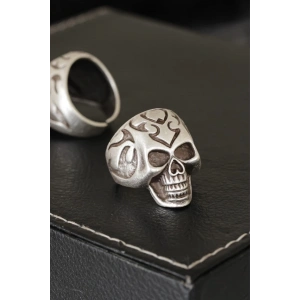 Kuru Kafa Tasarımlı Eskitme Gümüş Desenli Ayarlamalı Model Erkek Yüzük