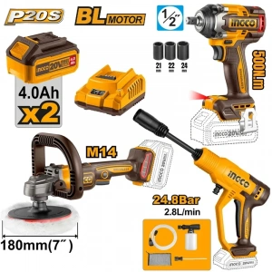 Li-ion Kömürsüz Akülü 3 li Kombo Set - Polisaj, Somun sıkma ve Araç Yıkama  20V 4.0 Ah