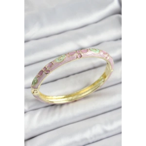 Mineli Gold Renk Pirinç Pembe Çiçek Desenli Kadın Kelepçe