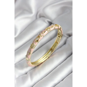 Mineli Pirinç Açık Pembe Kraliçe Taç Desenli Zirkon Taşlı Gold Renk Kadın Kelepçe