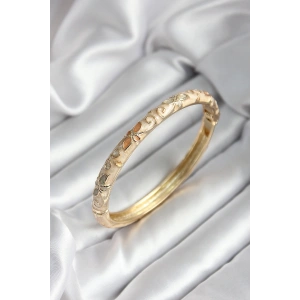Mineli Pirinç Bej Çiçek Desenli Gold Renk Kadın Kelepçe (çap 60 mm)