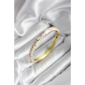 Mineli Pirinç Bej Çiçek Desenli Zirkon Taşlı Gold Renk Kadın Kelepçe (çap 60 mm)