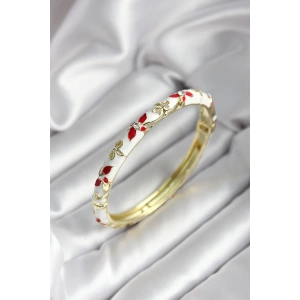 Mineli Pirinç Beyaz Çiçek Desenli Gold Renk Kadın Kelepçe