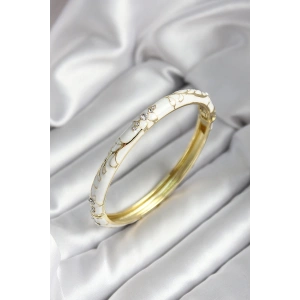 Mineli Pirinç Beyaz Çiçek Desenli Zirkon Taşlı Gold Renk Kadın Kelepçe
