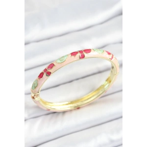 Mineli Pirinç Beyaz Pembe Yeşil Çiçek Desenli Gold Renk Kadın Kelepçe