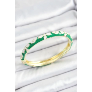 Mineli Pirinç Beyaz Yeşil Çiçek Desenli Gold Renk Kadın Kelepçe