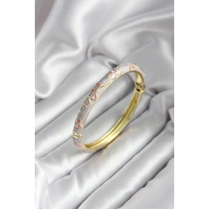 Mineli Pirinç Çiçek Desenli Zirkon Taşlı Gold Renk Kadın Kelepçe (çap 60 mm)