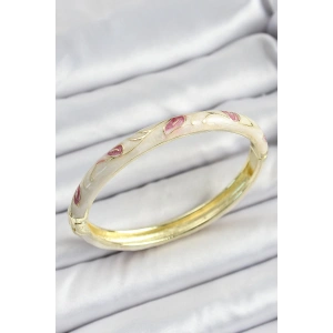 Mineli Pirinç Gold Renk Krem Çiçek Motifli Kadın Kelepçe