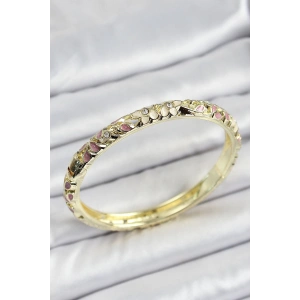 Mineli Pirinç Gold Renk Pembe Çiçek Desen Motifli Kadın Kelepçe