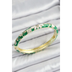 Mineli Pirinç Gold Renk Yeşil Çiçek Desen Motifli Kadın Kelepçe