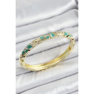 Mineli Pirinç Gold Renk Yeşil Çiçek Desenli Kadın Kelepçe