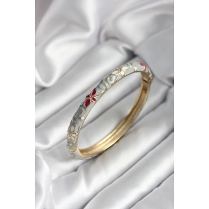 Mineli Pirinç Gri Çiçek Desenli Gold Renk Kadın Kelepçe