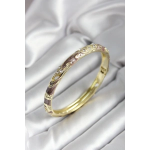 Mineli Pirinç Kahverengi Çiçek Desenli Zirkon Taşlı Gold Renk Kadın Kelepçe