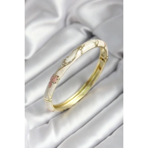 Mineli Pirinç Kırık Beyaz Çiçek Desenli Zirkon Taşlı Gold Renk Kadın Kelepçe