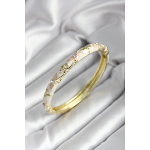 Mineli Pirinç Kırık Beyaz Çiçek Desenli Zirkon Taşlı Gold Renk Kadın Kelepçe