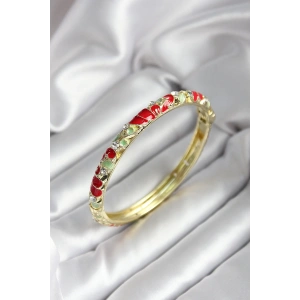 Mineli Pirinç Kırmızı Çiçek Desenli Gold Renk Kadın Kelepçe