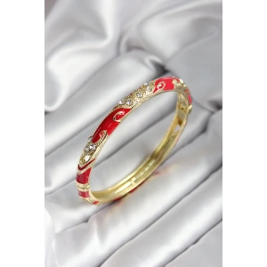 Mineli Pirinç Kırmızı Çiçek Desenli Zirkon Taşlı Gold Renk Kadın Kelepçe